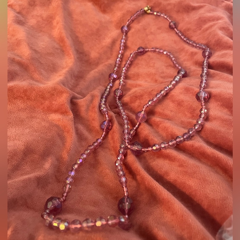 Sparkly faceted pink bead long necklace